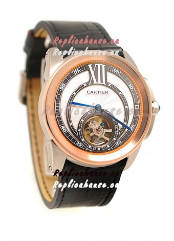 Calibre de Cartier Flying Tourbillon Japanese Replica Rose Gold Watch 