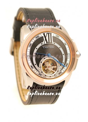 Calibre de Cartier Flying Tourbillon Japanese Replica Rose Gold Watch in Black Dial