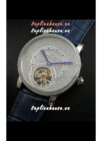 Cartier Ronde de Tourbillon Japanese Replica Diamond Watch in Blue Strap