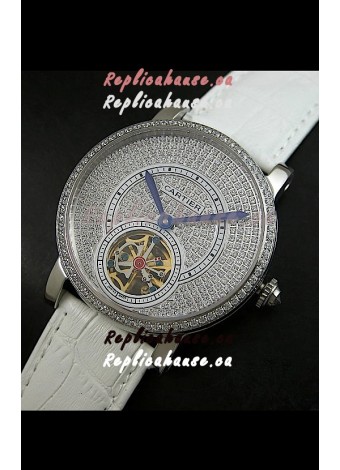 Cartier Ronde de Tourbillon Japanese Replica Diamond Watch in White Strap