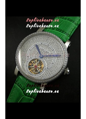 Cartier Ronde de Tourbillon Japanese Replica Diamond Watch in Green Strap