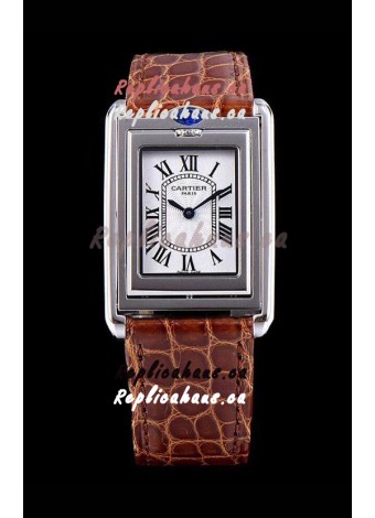 Cartier Tank Reversible Swiss Quartz Replica Watch in Steel Casing - Brown Strap