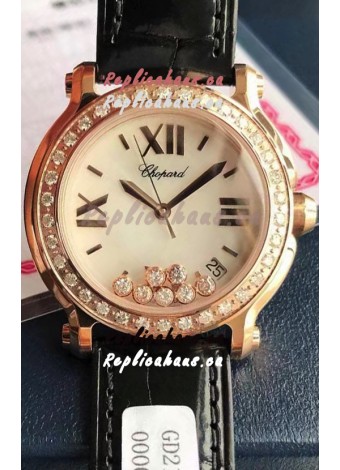 Chopard Happy Rose Gold Swiss Quartz Watch 1:1 Mirror Replica - Genuine Diamonds 