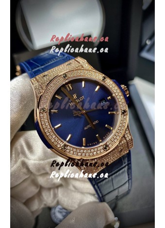 Hublot Classic Fusion Diamonds Rose Gold Steel Blue Dial Swiss Replica Watch 1:1 Mirror Quality