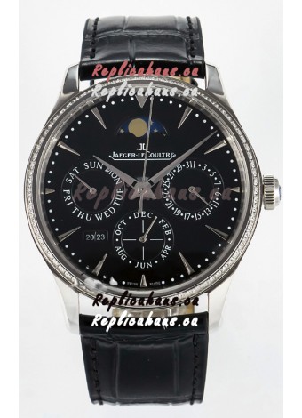 Jaeger LeCoultre Super Clone Master Ultra-Thin Perpetual Calendar Black Dial Diamonds Watch