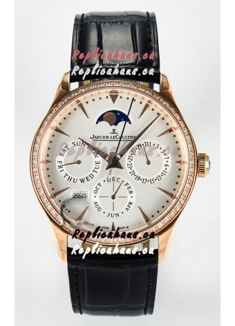 Jaeger LeCoultre Super Clone Master Ultra-Thin Perpetual Calendar White Dial Diamonds Bezel Watch