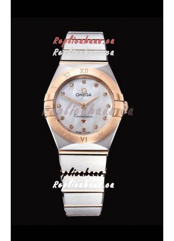 Omega Constellation Ladies Swiss Quartz 1:1 Mirror Replica - Two Tone Casing in White Pearl Dial