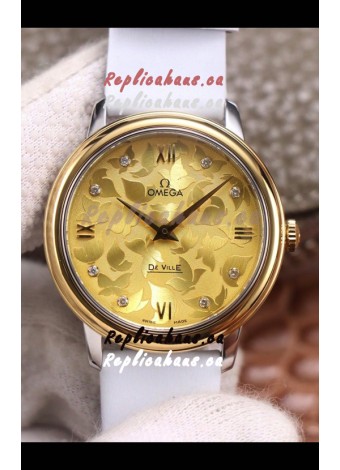 Omega De Ville Floral Dial Swiss Quartz Movement in Two Tone Casing - Gold Dial
