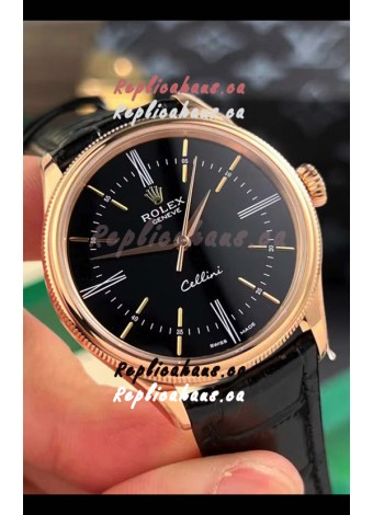 Rolex Cellini Date Ref#50505 Replica 1:1 Mirror Rose Gold Steel Black Dial Watch 