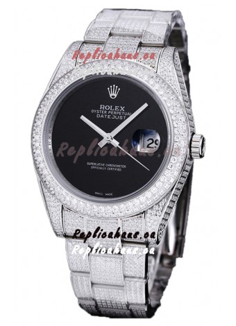 Rolex Datejust 41MM Swiss Replica - Iced Out Edition in Black Dial 