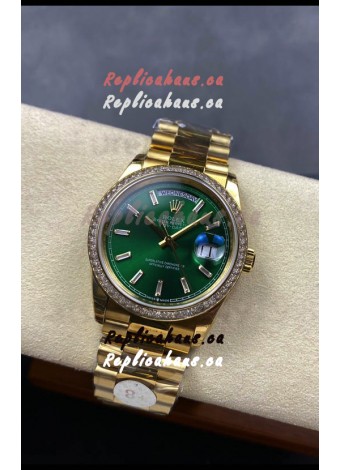 Rolex Day Date Super Clone Yellow Gold Green Dial Crystal Numerals Watch 36MM - 1:1 Mirror Quality