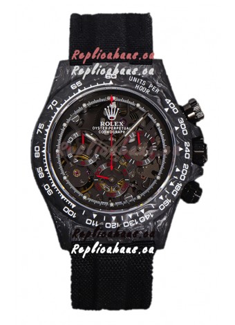 Rolex Daytona DiW Skeleton Carbon Edition Watch - Forged Carbon Casing Black Strap 1:1 Mirror Replica