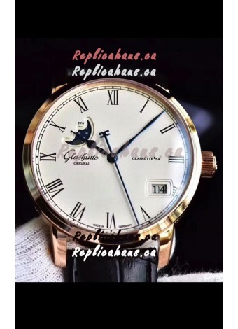 Glashuette Senator Excellence Panorama Date Moon Phase Pink Gold Swiss Watch
