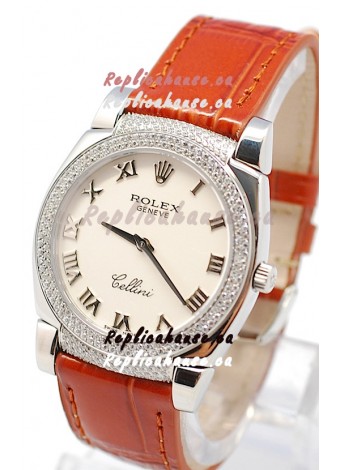 Rolex Cellini Cestello Ladies Swiss Watch Roman White Face Diamonds Bezel and Lugs