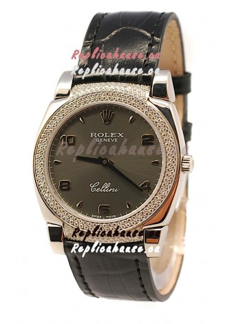 Rolex Cellini Cestello Ladies Swiss Watch in Matte Black Face Diamonds Bezel and Lugs