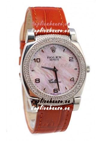Rolex Cellini Cestello Ladies Swiss Watch Pink Pearl Face Diamonds Bezel and Lugs