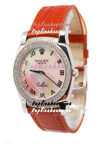 Rolex Cellini Cestello Ladies Swiss Watch White Pearl Roman Face Diamonds Bezel and Lugs