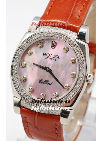 Rolex Cellini Cestello Ladies Swiss Watch in Pink Pearl Face Diamonds Hour, Bezel and Lugs