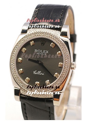 Rolex Cellini Cestello Ladies Swiss Watch in Matte Black Face and Diamond Bezel