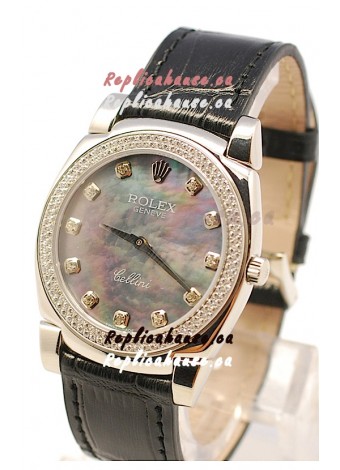 Rolex Cellini Cestello Ladies Swiss Watch in Black Pearl Face Diamonds Markers