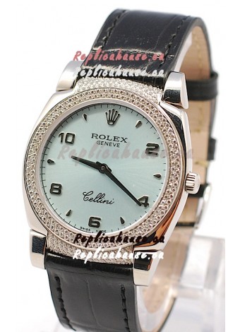 Rolex Cellini Cestello Ladies Swiss Watch in Blue Face Black Leather Strap Diamonds Bezel 