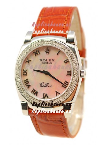 Rolex Cellini Cestello Ladies Swiss Watch Beige Pearl Roman Face Diamonds Bezel
