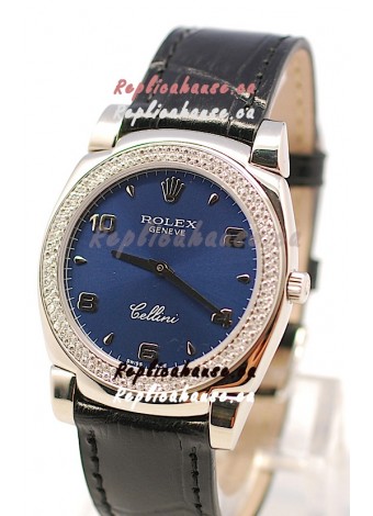 Rolex Cellini Cestello Ladies Swiss Watch in Dark Blue Face Diamonds Bezel 