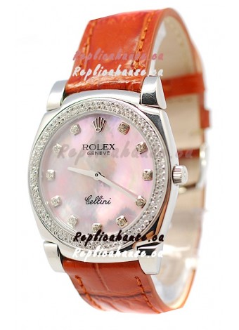 Rolex Cellini Cestello Ladies Swiss Watch Pink Pearl Diamonds Bezel and Hours Markers