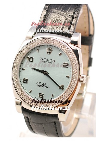 Rolex Cellini Cestello Ladies Swiss Watch in Blue Face Black Leather Strap Diamonds Bezel 