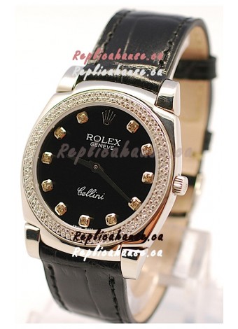 Rolex Cellini Cestello Ladies Swiss Watch in Black Face and Diamond Markers