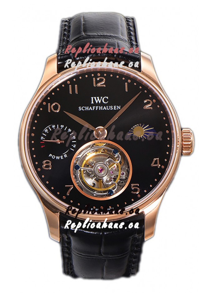 THEHAUSCA102024 9113 IWC Portugese Hand Wound Genuine Tourbillon Black Dial Rose Gold Casing Swiss Replica Watch