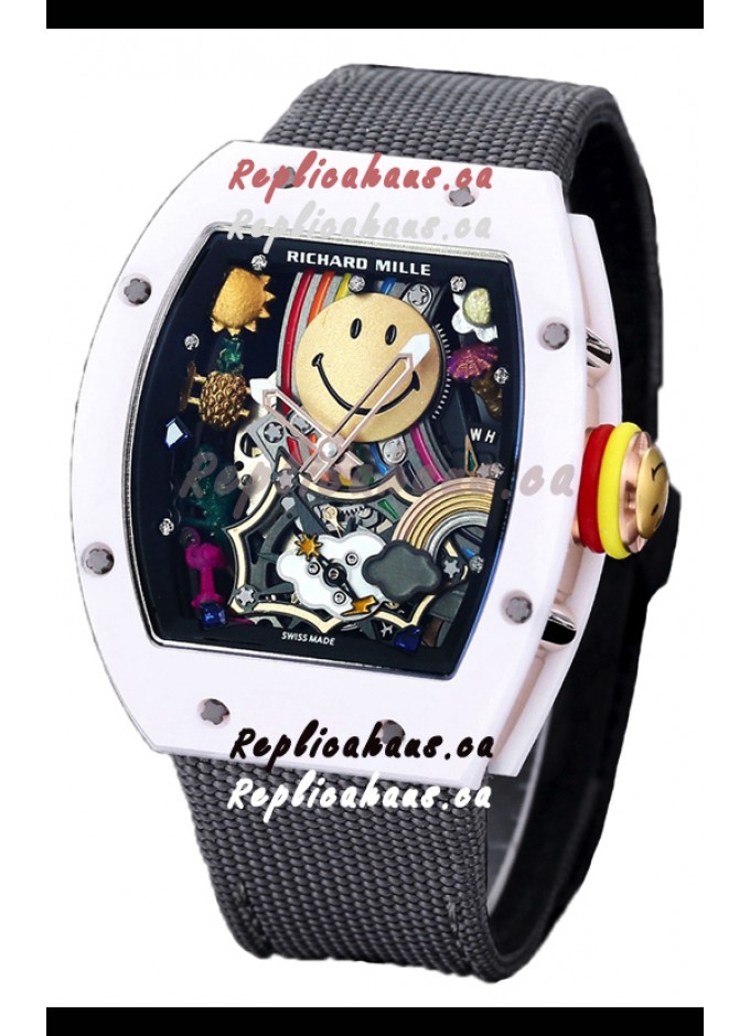 THEHAUSCA102024 9450 Richard Mille RM088 Smiley Tourbillon White Ceramic Casing Grey Nylon Strap Replica Watch