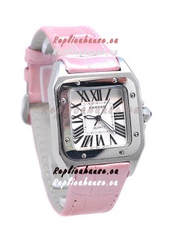 Cartier Santos 100 Japanese Ladies Replica Watch in Pink Leather Strap