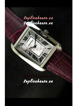 Cartier Tank Ladies Replica Watch in Steel Case/Maroon Strap