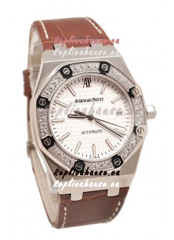 Audemars Piguet Royal Oak Steel Swiss Watch in Brown Leather Strap