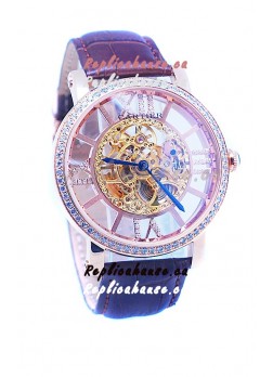 Ronde De Cartier Skeleton Rose Gold Japanese Watch in Diamond Bezel