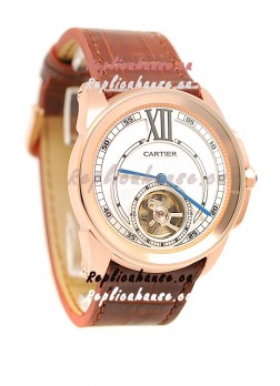 Calibre de Cartier Flying Tourbillon Japanese Replica Rose Gold Watch in Brown Strap