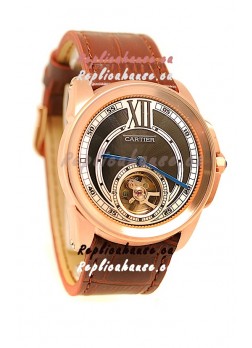 Calibre de Cartier Flying Tourbillon Japanese Replica Rose Gold Watch in Black Dial