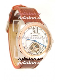 Calibre de Cartier Flying Tourbillon Japanese Replica Rose Gold Watch 