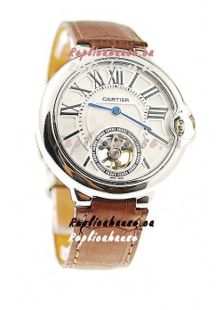 Ballon Bleu De Cartier flying Tourbillon Japanese Replica Steel Watch in Brown Strap