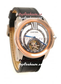 Calibre de Cartier Flying Tourbillon Japanese Replica Rose Gold Watch 