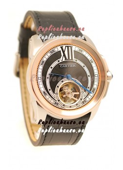 Calibre de Cartier Flying Tourbillon Japanese Replica Rose Gold Watch in Black Dial