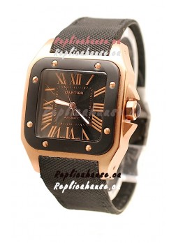 Cartier Santos 100 Swiss Replica Pink Gold Watch in Black Dial
