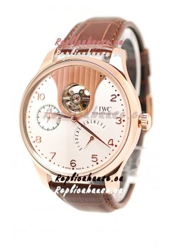 IWC Portuguese Tourbillon Mystere Japanese Replica Rose Gold Watch in White Dial