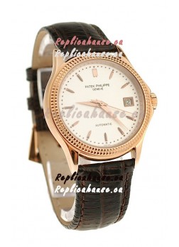 Patek Philippe Geneve Replica Pink Gold Watch in White Dial 