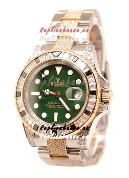 Rolex GMT Masters II 2011 Edition Swiss Replica Two Tone Watch with Diamonds Casing and Bezel