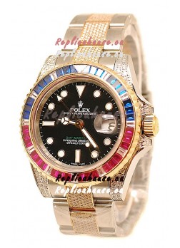 Rolex GMT Masters II 2011 Edition Swiss Replica Two Tone Watch with Diamonds Casing and Bezel