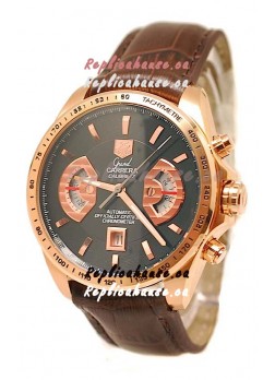 Tag Heuer Grand Carrera Japanese Replica Gold Watch in Black Dial