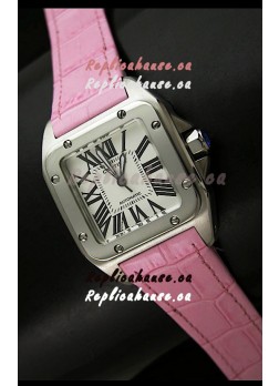 Cartier Santos Swiss Replica Automatic Watch in Pink Strap