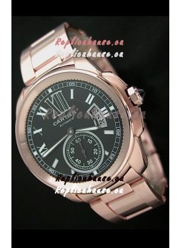 Calibre De Cartier Japanese Automatic Replica Rose Gold Watch in Black Dial